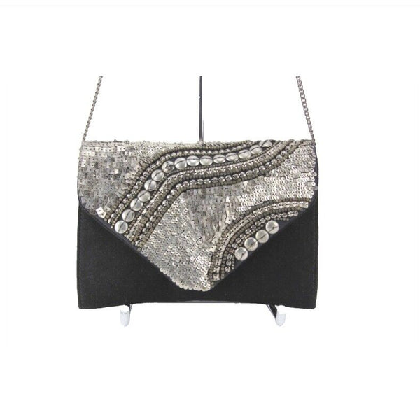 Ecote Black Suede Silver Distressed Bead Sequin Flap Purse w Chain Strap