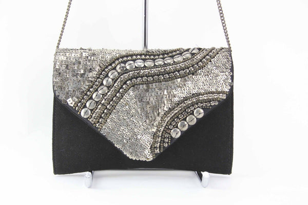 Ecote Black Suede Silver Distressed Bead Sequin Flap Purse w Chain Strap