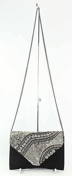 Ecote Black Suede Silver Distressed Bead Sequin Flap Purse w Chain Strap