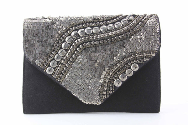 Ecote Black Suede Silver Distressed Bead Sequin Flap Purse w Chain Strap