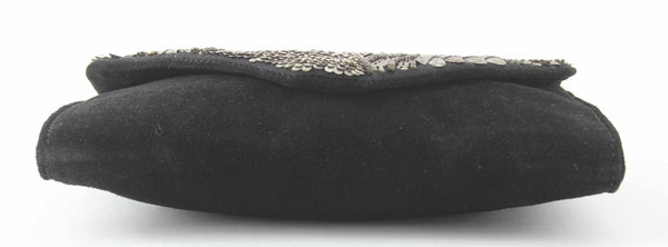 Ecote Black Suede Silver Distressed Bead Sequin Flap Purse w Chain Strap