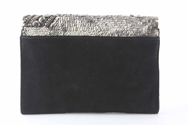 Ecote Black Suede Silver Distressed Bead Sequin Flap Purse w Chain Strap
