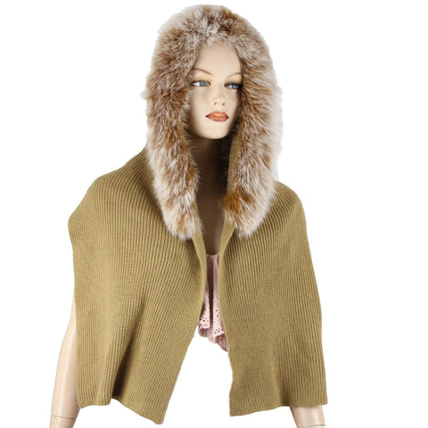 Unbranded Sz OS Brown Genuine Fox Fur Trim Knit Scarf