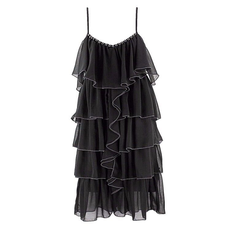 Esley NEW $62 Sz S Black Tiered Ruffle Gunmetal Studs Trapeze Polyester Top