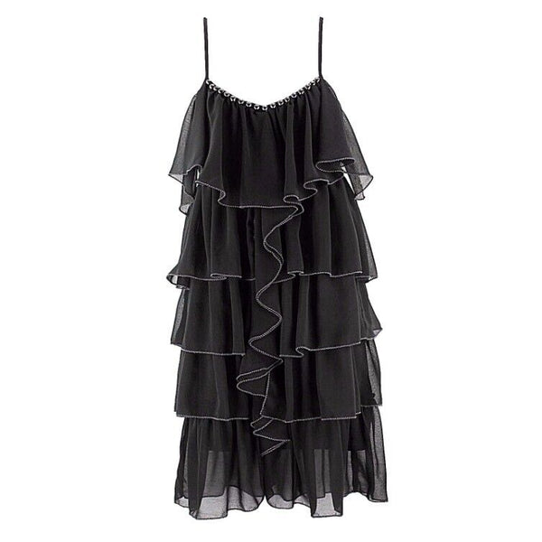 Esley NEW $62 Sz S Black Tiered Ruffle Gunmetal Studs Trapeze Polyester Top