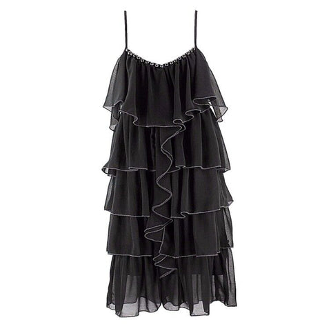 Esley NEW $62 Sz S Black Tiered Ruffle Gunmetal Studs Trapeze Polyester Top
