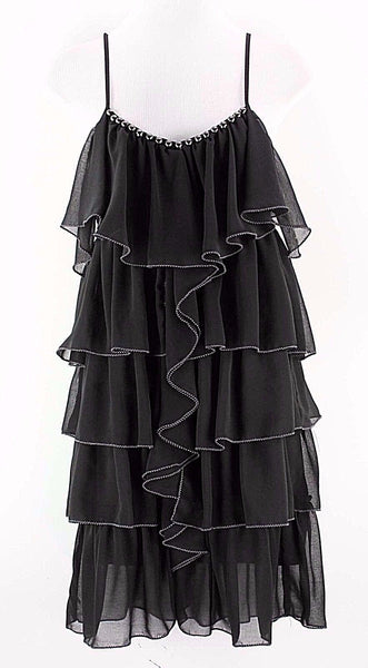 Esley NEW $62 Sz S Black Tiered Ruffle Gunmetal Studs Trapeze Polyester Top