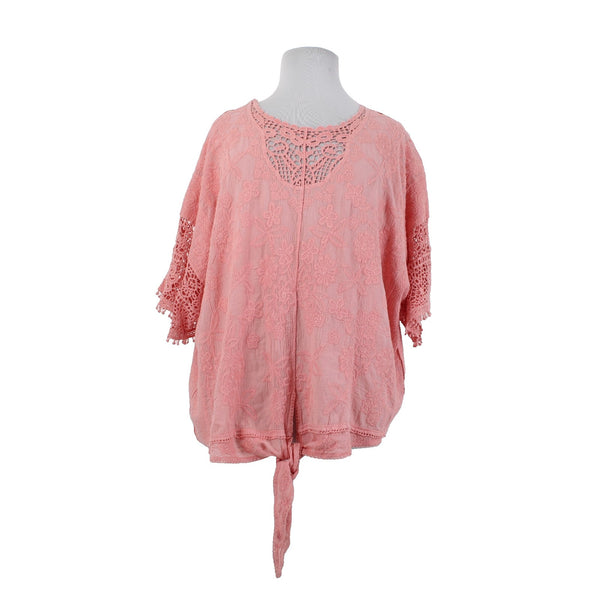 Lane Bryant Top NEW $60 Sz 26/28 Pink Embroidered Tie Cotton Rayon Top