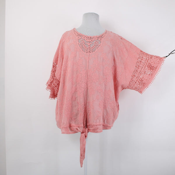 Lane Bryant Top NEW $60 Sz 26/28 Pink Embroidered Tie Cotton Rayon Top
