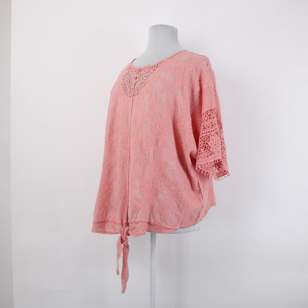 Lane Bryant Top NEW $60 Sz 26/28 Pink Embroidered Tie Cotton Rayon Top