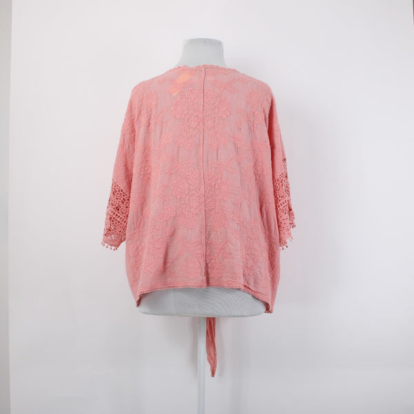 Lane Bryant Top NEW $60 Sz 26/28 Pink Embroidered Tie Cotton Rayon Top