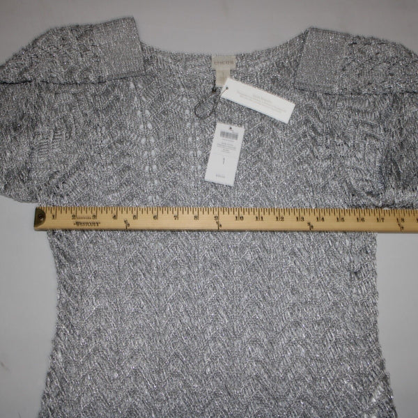 Chicos NEW $99 Sz 1 Silver Shine Stitch Theodora Pullover Rayon Poly Sweater Top