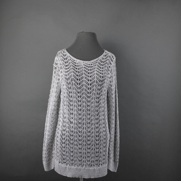 Chicos NEW $99 Sz 1 Silver Shine Stitch Theodora Pullover Rayon Poly Sweater Top