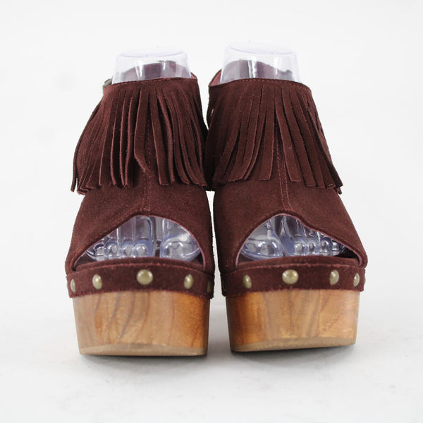 Five World Sz 38.5 Burgundy Red Fringe Suede Upper Leather Inner 4.5" Wood Heels