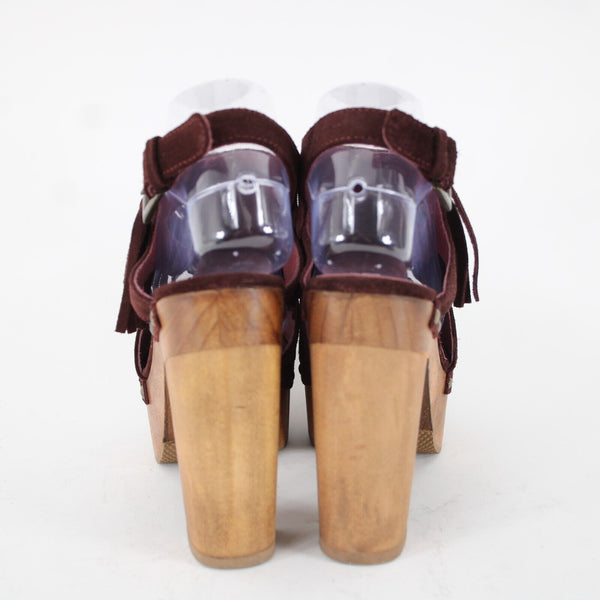Five World Sz 38.5 Burgundy Red Fringe Suede Upper Leather Inner 4.5" Wood Heels