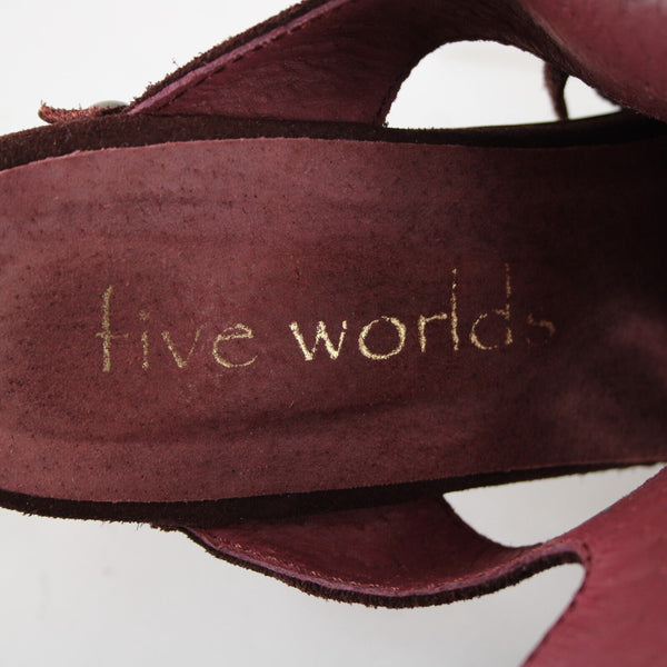 Five World Sz 38.5 Burgundy Red Fringe Suede Upper Leather Inner 4.5" Wood Heels