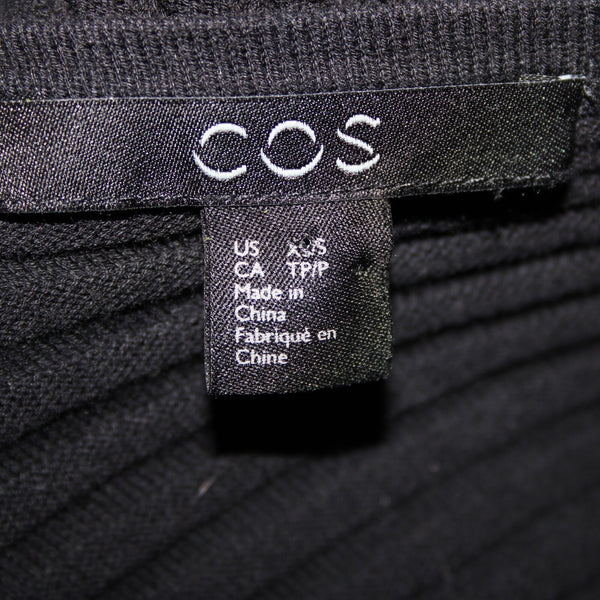 Cos Sz XS/S Black Ribbed 3/4 Sleeve 100% Cotton Wrap Cardigan Sweater