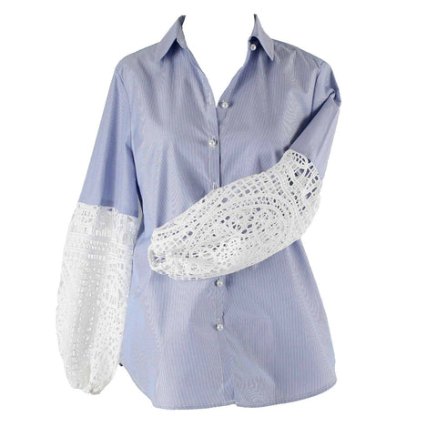 Chicos NEW Sz 0P Blue White Striped Pearl Woven Lace Slvs Cotton Blend Top
