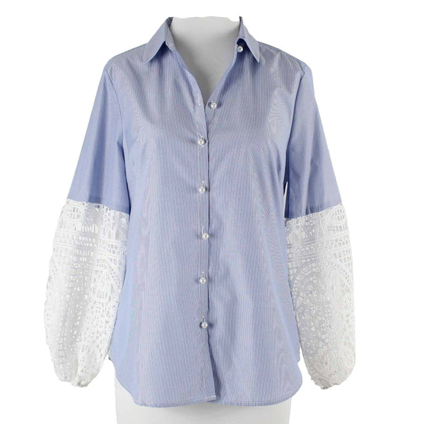 Chicos NEW Sz 0P Blue White Striped Pearl Woven Lace Slvs Cotton Blend Top