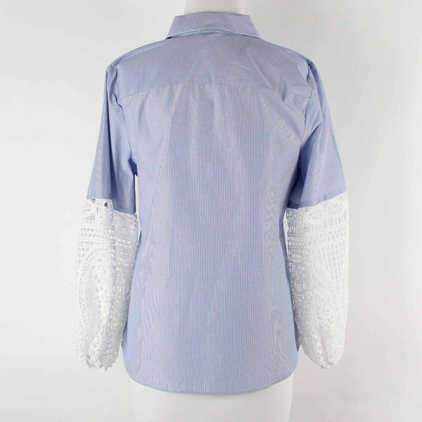 Chicos NEW Sz 0P Blue White Striped Pearl Woven Lace Slvs Cotton Blend Top