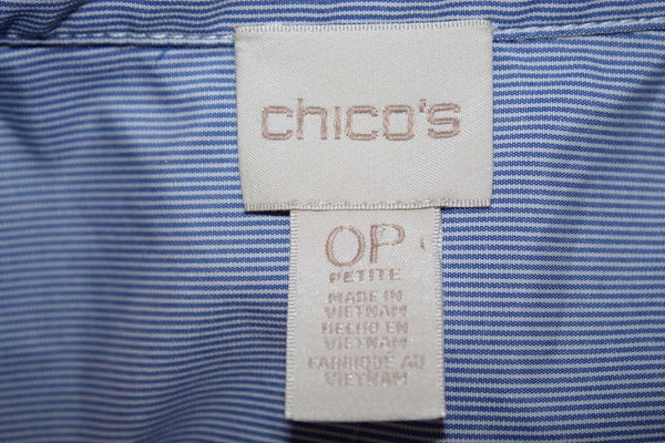 Chicos NEW Sz 0P Blue White Striped Pearl Woven Lace Slvs Cotton Blend Top