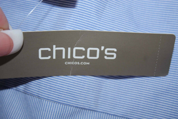 Chicos NEW Sz 0P Blue White Striped Pearl Woven Lace Slvs Cotton Blend Top