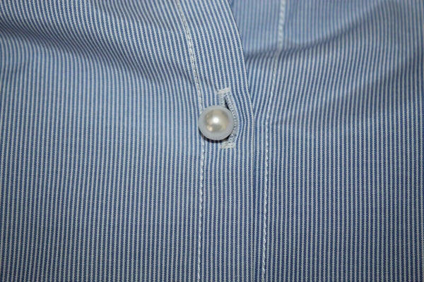Chicos NEW Sz 0P Blue White Striped Pearl Woven Lace Slvs Cotton Blend Top