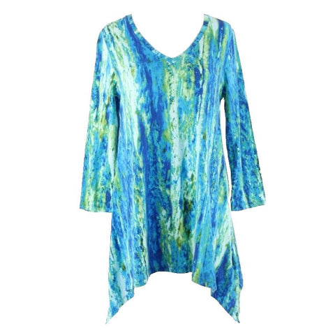 Anne Klein Sport Sz S Blue Green Colorful Cotton Blend Pointed Side Hem Top