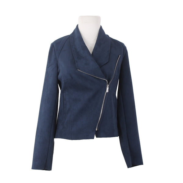 Tahari Jacket NEW $88 Sz XS Navy Blue Pockets Zipper Faux Leather Polyester