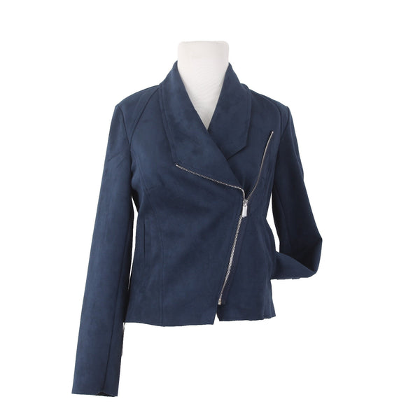 Tahari Jacket NEW $88 Sz XS Navy Blue Pockets Zipper Faux Leather Polyester