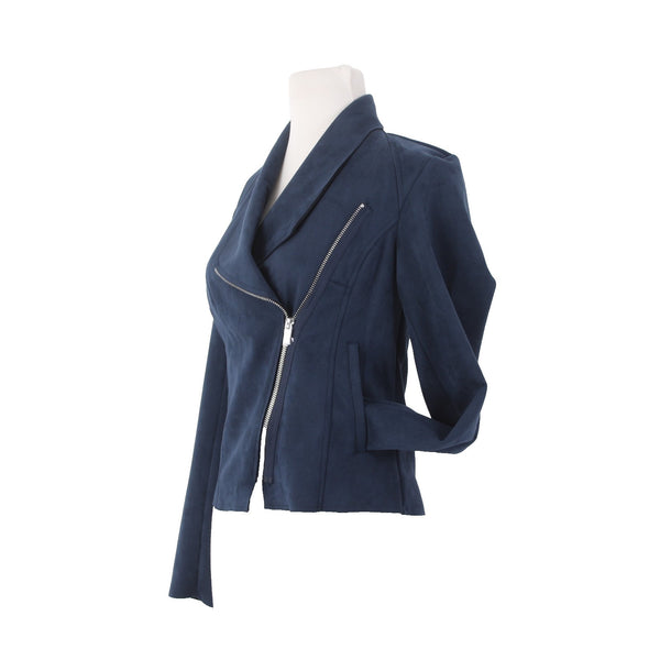 Tahari Jacket NEW $88 Sz XS Navy Blue Pockets Zipper Faux Leather Polyester