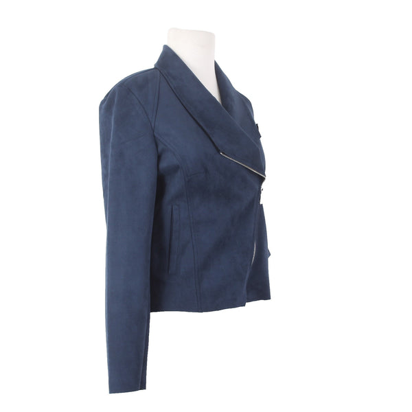 Tahari Jacket NEW $88 Sz XS Navy Blue Pockets Zipper Faux Leather Polyester