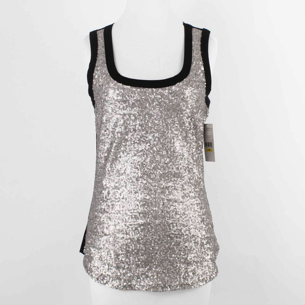 Karen Kane NEW $62 Sz M Silver Sequin Front Black Knit Rayon Blend Back Top