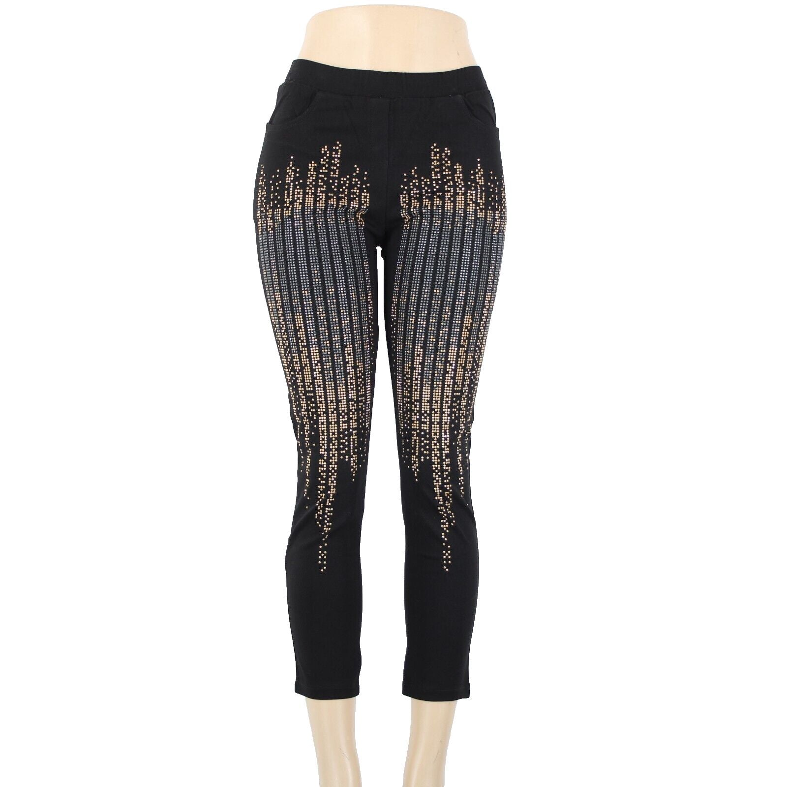 Carmin Sz S x 26 Black Gold Silver Studs Elastic Waist Cotton Polyester Pant