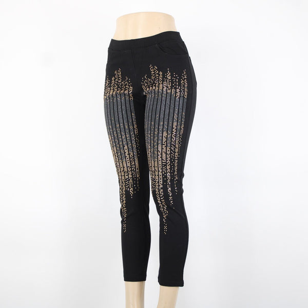 Carmin Sz S x 26 Black Gold Silver Studs Elastic Waist Cotton Polyester Pant