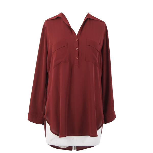 Pleione Top Sz XS Burgundy Red Collared Hi Lo Buttons 100% Polyester Top