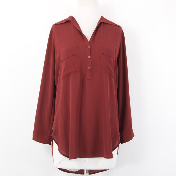 Pleione Top Sz XS Burgundy Red Collared Hi Lo Buttons 100% Polyester Top