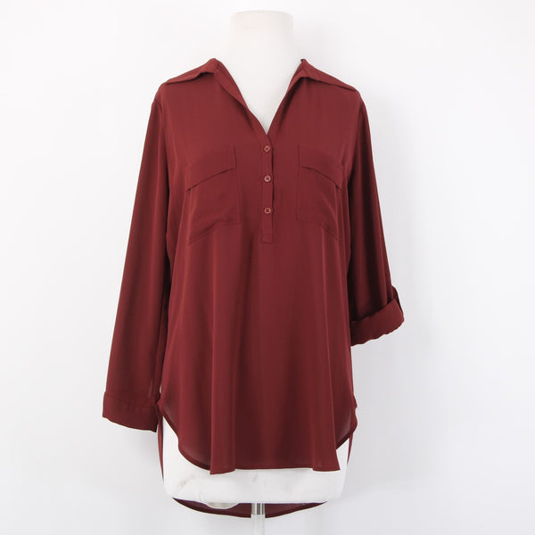 Pleione Top Sz XS Burgundy Red Collared Hi Lo Buttons 100% Polyester Top