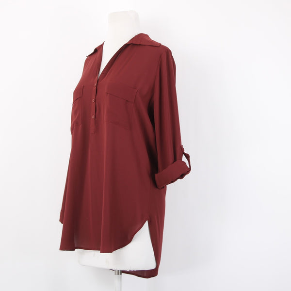 Pleione Top Sz XS Burgundy Red Collared Hi Lo Buttons 100% Polyester Top