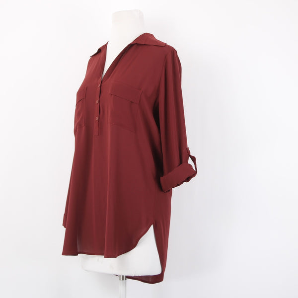 Pleione Top Sz XS Burgundy Red Collared Hi Lo Buttons 100% Polyester Top