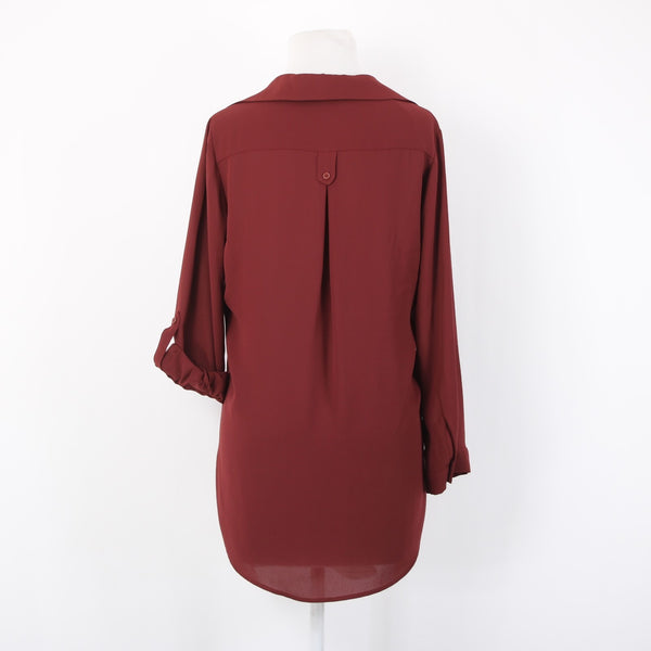 Pleione Top Sz XS Burgundy Red Collared Hi Lo Buttons 100% Polyester Top