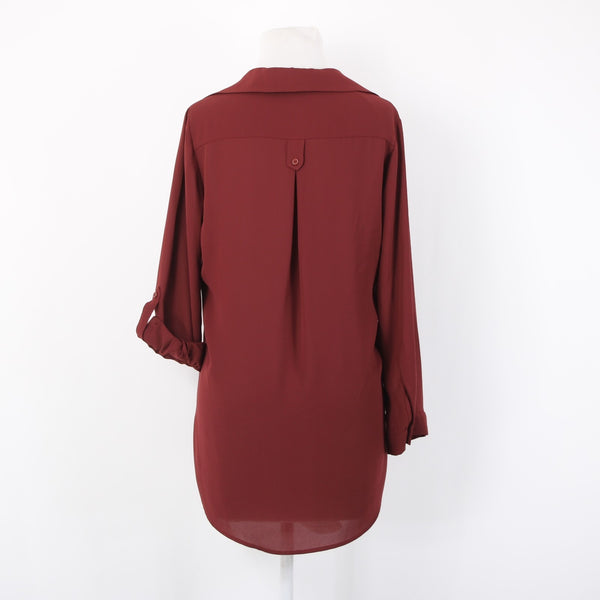 Pleione Top Sz XS Burgundy Red Collared Hi Lo Buttons 100% Polyester Top