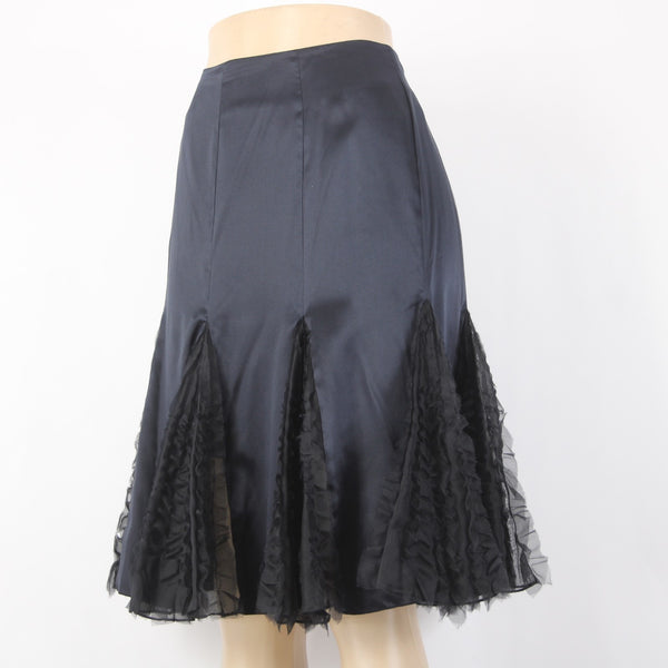 Veronique Young Skirt Sz 8 Black Lined Satin Mesh Ruffles 100% Silk Poly Skirt