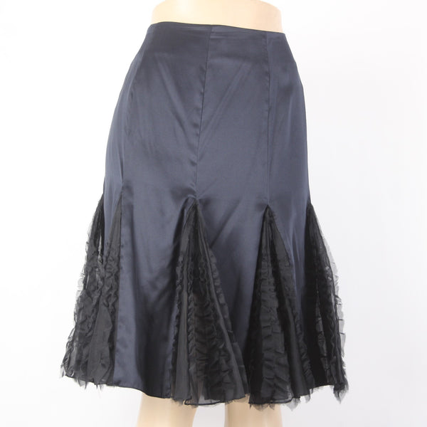 Veronique Young Skirt Sz 8 Black Lined Satin Mesh Ruffles 100% Silk Poly Skirt