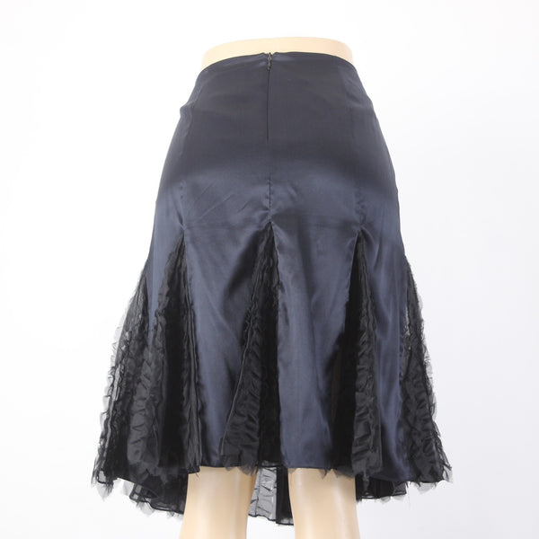 Veronique Young Skirt Sz 8 Black Lined Satin Mesh Ruffles 100% Silk Poly Skirt