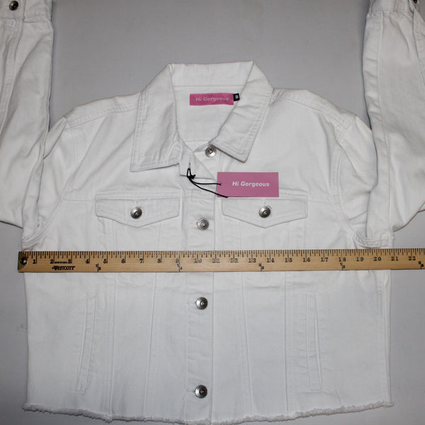 Hi Gorgeous NEW $245 Covo Sz M White Black Logo Button 100% Cotton Crop Jacket