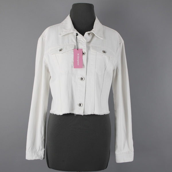 Hi Gorgeous NEW $245 Covo Sz M White Black Logo Button 100% Cotton Crop Jacket