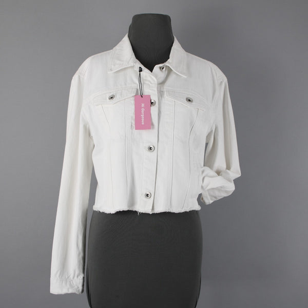 Hi Gorgeous NEW $245 Covo Sz M White Black Logo Button 100% Cotton Crop Jacket