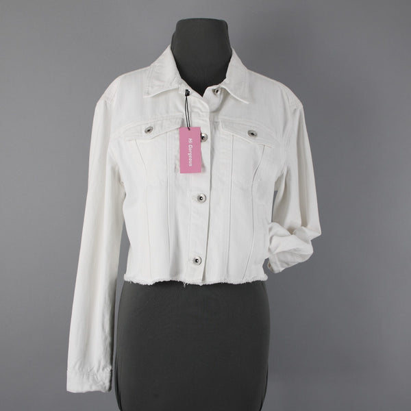 Hi Gorgeous NEW $245 Covo Sz M White Black Logo Button 100% Cotton Crop Jacket