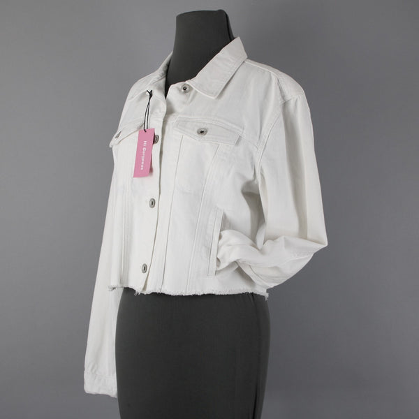 Hi Gorgeous NEW $245 Covo Sz M White Black Logo Button 100% Cotton Crop Jacket